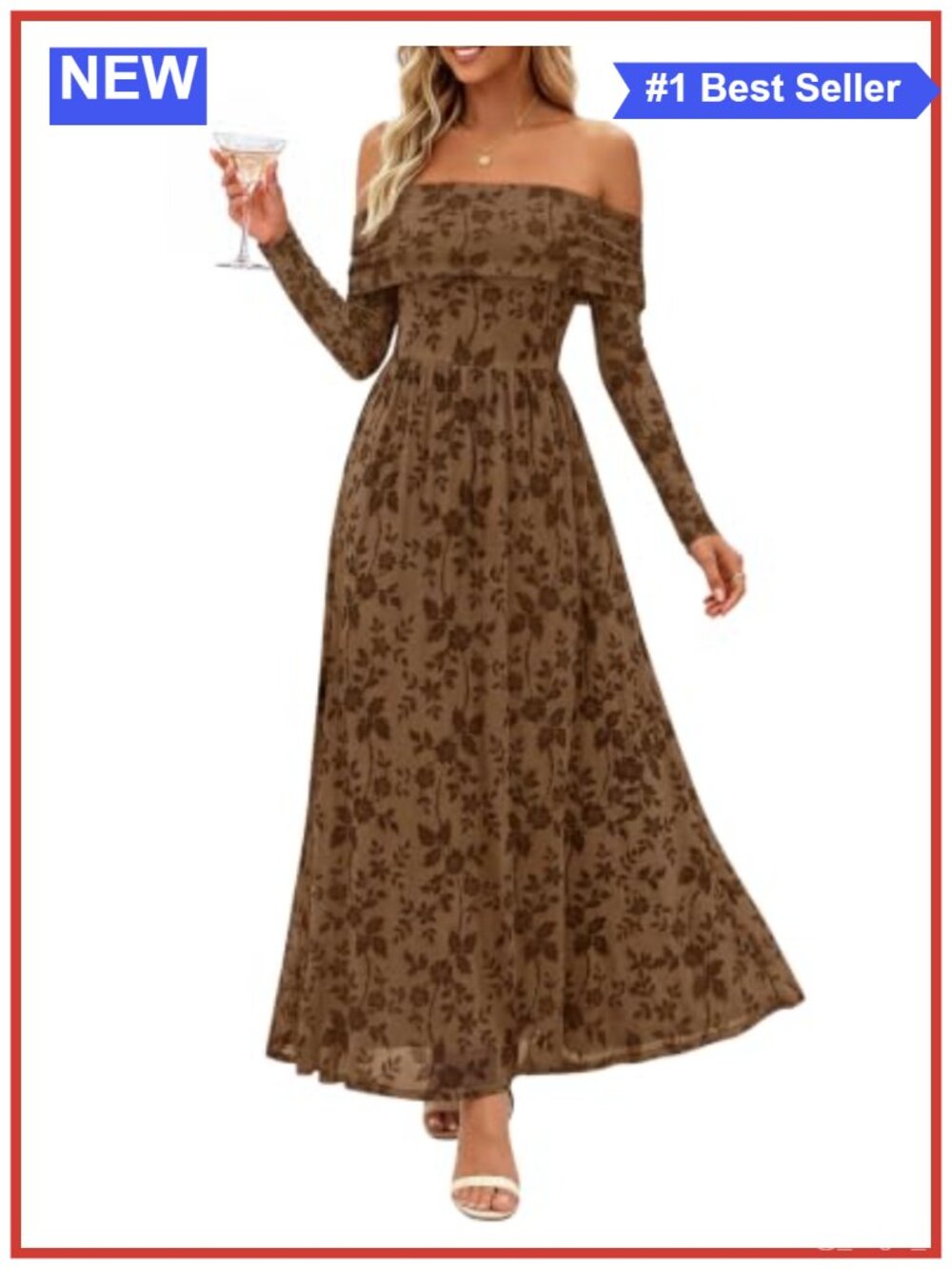 ZESICA Off Shoulder Floral Maxi Dress Long Sleeve Backless Mesh A-Line